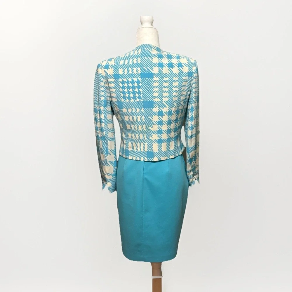 VTG David Hayes Montaldos Silk Sheath Dress Jacket Set 6 Blue White Designer 80s - Picture 5 of 14